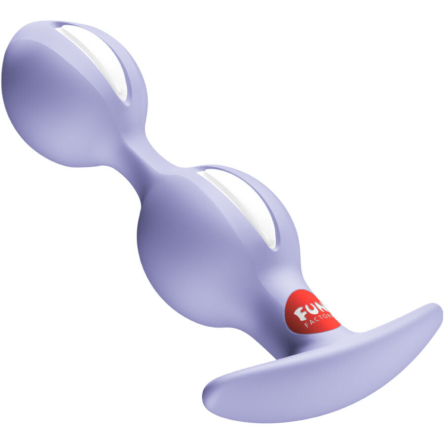 Plug anal a billes lilas couche, deux spheres lestees superposees et base evasee a pastille FUN rouge, sensations mobiles en silicone.