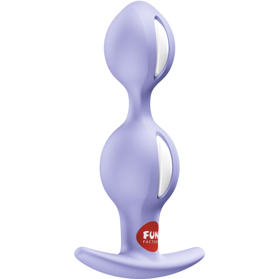Plug anal a billes Fun Factory lilas double sphere, deux boules etagees marquees FUN et base plate effilee, mouvement interne naturel en silicone.