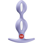 Plug anal a billes lilas debout, double sphere a poids mobiles et base plate confortable, extremite effilee facile a inserer en silicone.