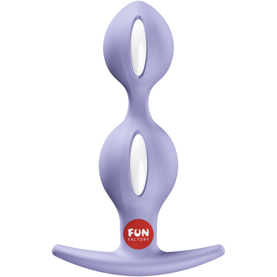 Plug anal a billes lilas debout, double sphere a poids mobiles et base plate confortable, extremite effilee facile a inserer en silicone.