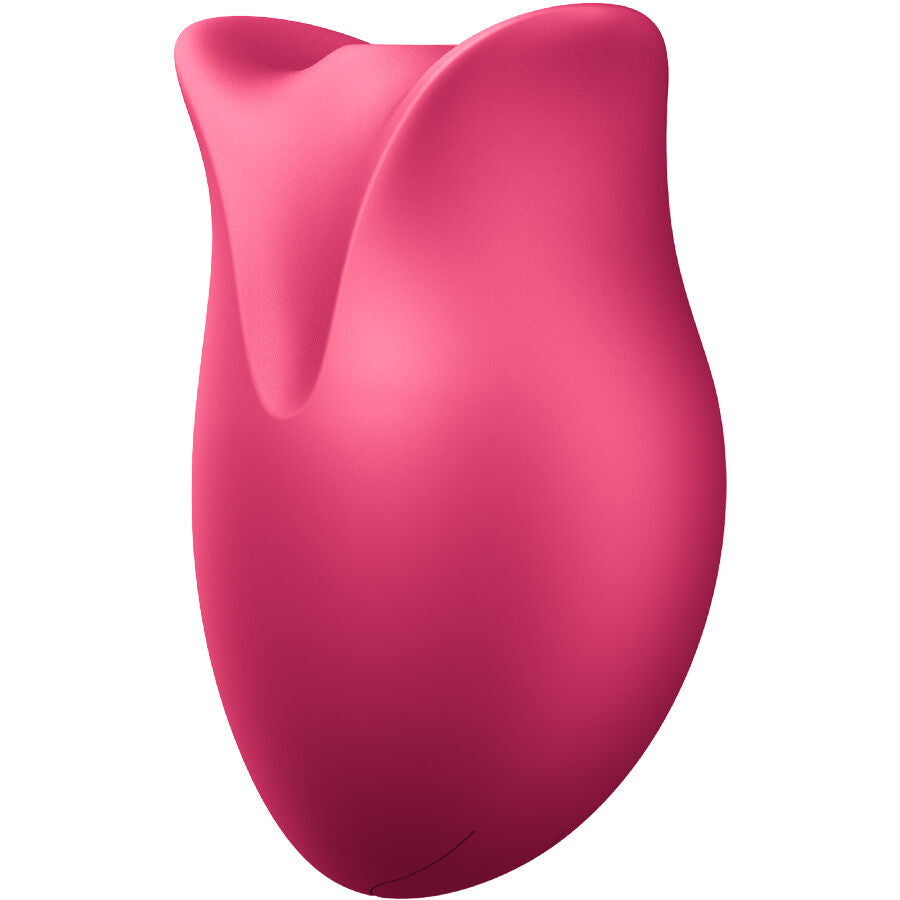 Stimulateur clitoridien air pulse rose vu de face, petales de silicone enveloppant l'ouverture d'aspiration, design floral doux pour le clitoris.