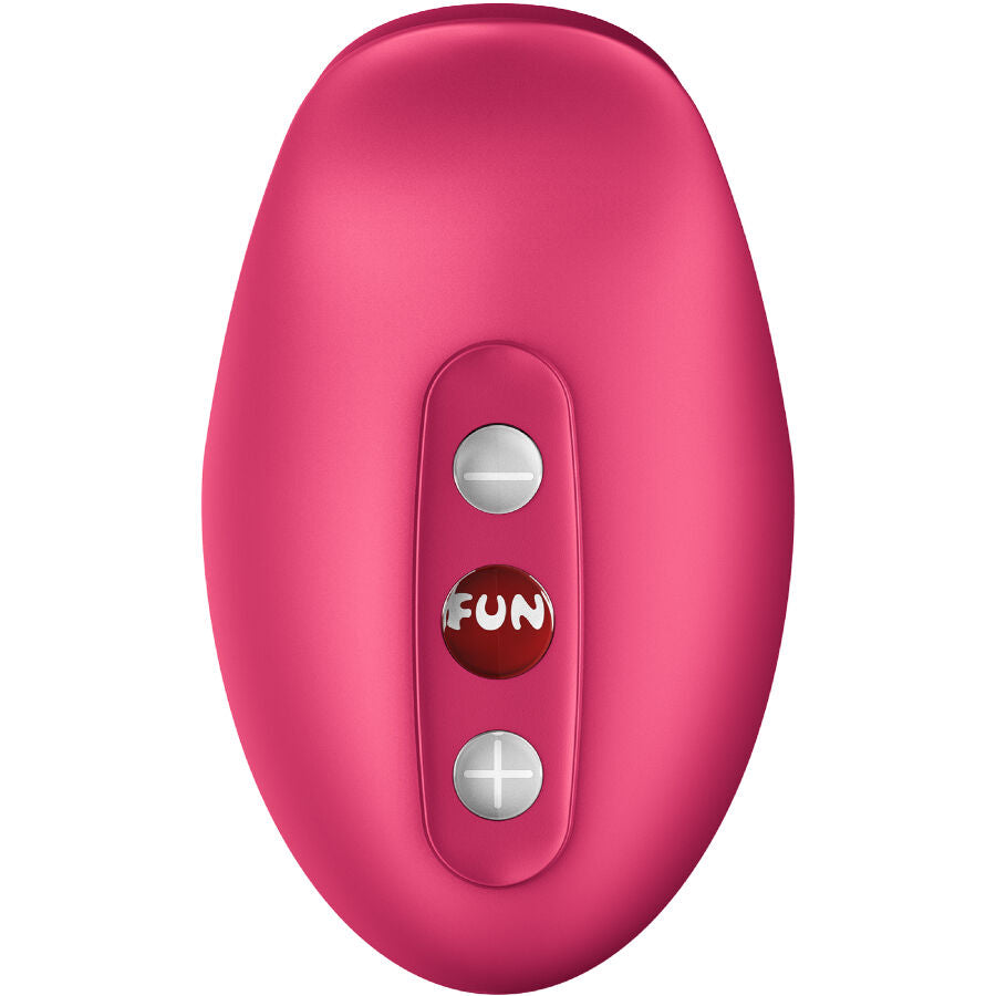 Stimulateur clitoridien air pulse rose de dos, zone de commande ovale avec bouton FUN et touches plus et moins, forme de rose en silicone.