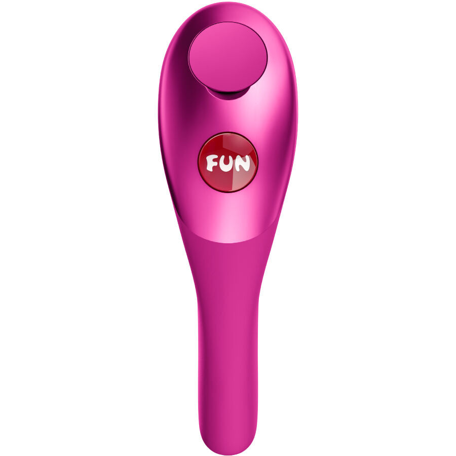 Doigt vibrant clitoridien en silicone fuchsia vu de face, forme galet allonge a bouton FUN rouge, a glisser entre les doigts pour caresser le clitoris avec plusieurs vitesses.
