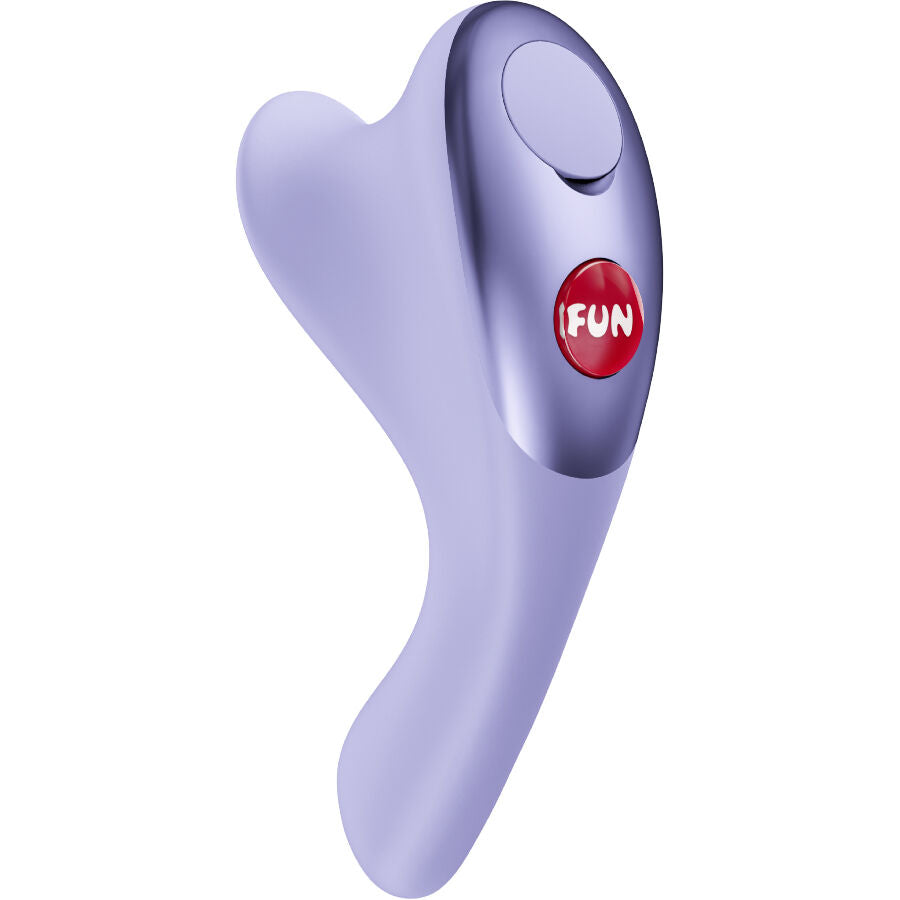 Doigt vibrant en silicone lilas vu de trois quarts, forme ergonomique a boucle de maintien et bouton FUN rouge, deux moteurs pour transformer ta main en stimulateur clitoridien.