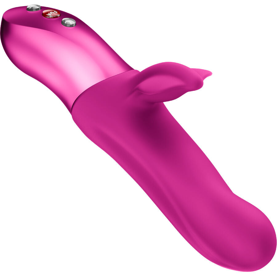 Rabbit pulsateur fuchsia couche, tige lisse incurvee et petit bras stimulateur clitoridien, manche metallise a boutons FUN, double action en silicone.
