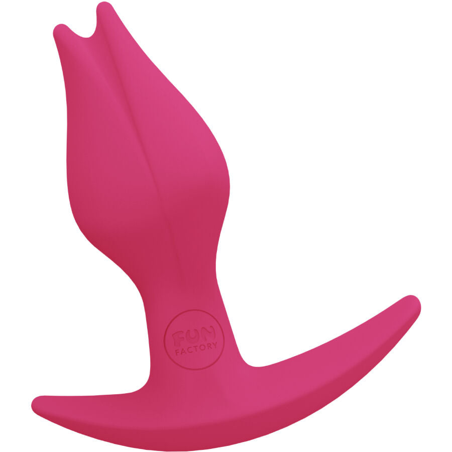 Plug anal Bootie Fem rose en silicone à extrémité fendue et base asymétrique, variante colorée fine et facile à insérer pour les débutants.