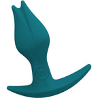 Plug anal Fun Factory vert sapin a base asymetrique, petite taille d'environ 8,5 cm avec extremite fleurie et base plate, insertion confortable en silicone.