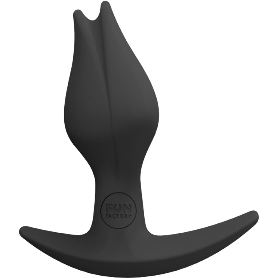 Plug anal Bootie Fem noir de profil, sa forme effilée en silicone et sa base raccourcie pour une stimulation simultanée, insertion facile et confortable.