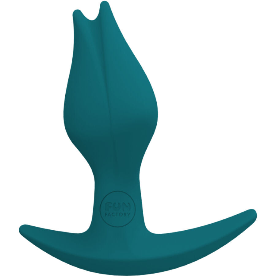 Plug anal vert sapin vu de profil, tete fendue stylisee et base asymetrique raccourcie pour le confort, format fin de 8,5 cm en silicone.