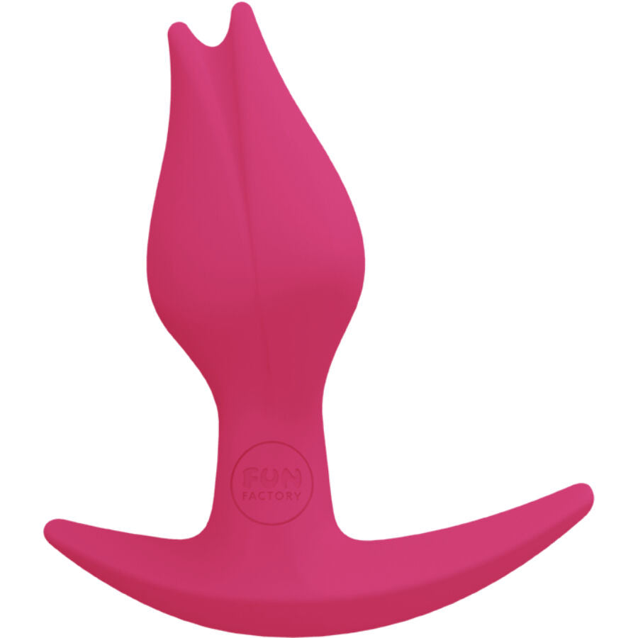 Plug anal Bootie Fem rose de profil, forme effilée en silicone et base incurvée raccourcie, environ 8,5 cm pour un confort optimal au porter.