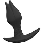 Plug anal Bootie Fem noir présenté de face, pointe fendue en silicone et base asymétrique, format fin et léger pour une stimulation simultanée discrète.