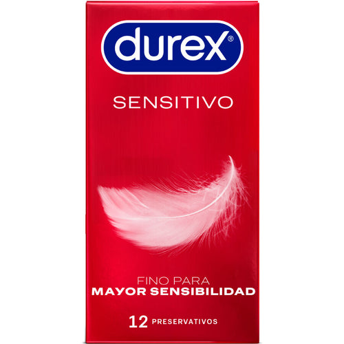 Boite rouge Durex Sensitivo a plume blanche de face, preservatifs fins latex naturel forme anatomique facile a enfiler pour plus de sensations, boite de 12.