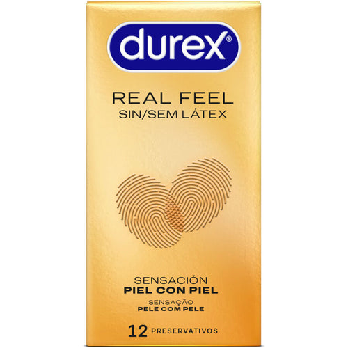 Boite doree Durex Real Feel sans latex avec coeur en empreinte, preservatifs sensation peau a peau pele con piel, sans latex lubrifies, boite de 12 unites.
