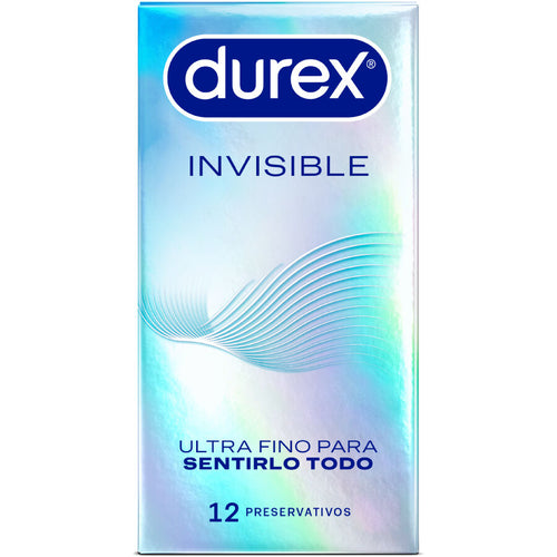 Boite irisee Durex Invisible de face, preservatifs ultra fins latex naturel taille standard lubrifies faciles a mettre, conçus pour tout sentir, boite de 12.