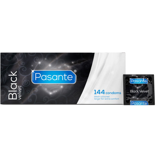 Boite Pasante Black Velvet de 144 preservatifs noirs avec un sachet foil detache, packaging noir elegant, latex teinte sophistiquee, grand conditionnement sur fond blanc.