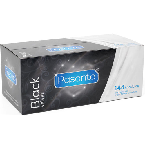 Boite carton noire Pasante Black Velvet de 144 preservatifs latex teinte intense, decor sombre etoile, embout reservoir bords paralleles, grand format vu de trois quarts.