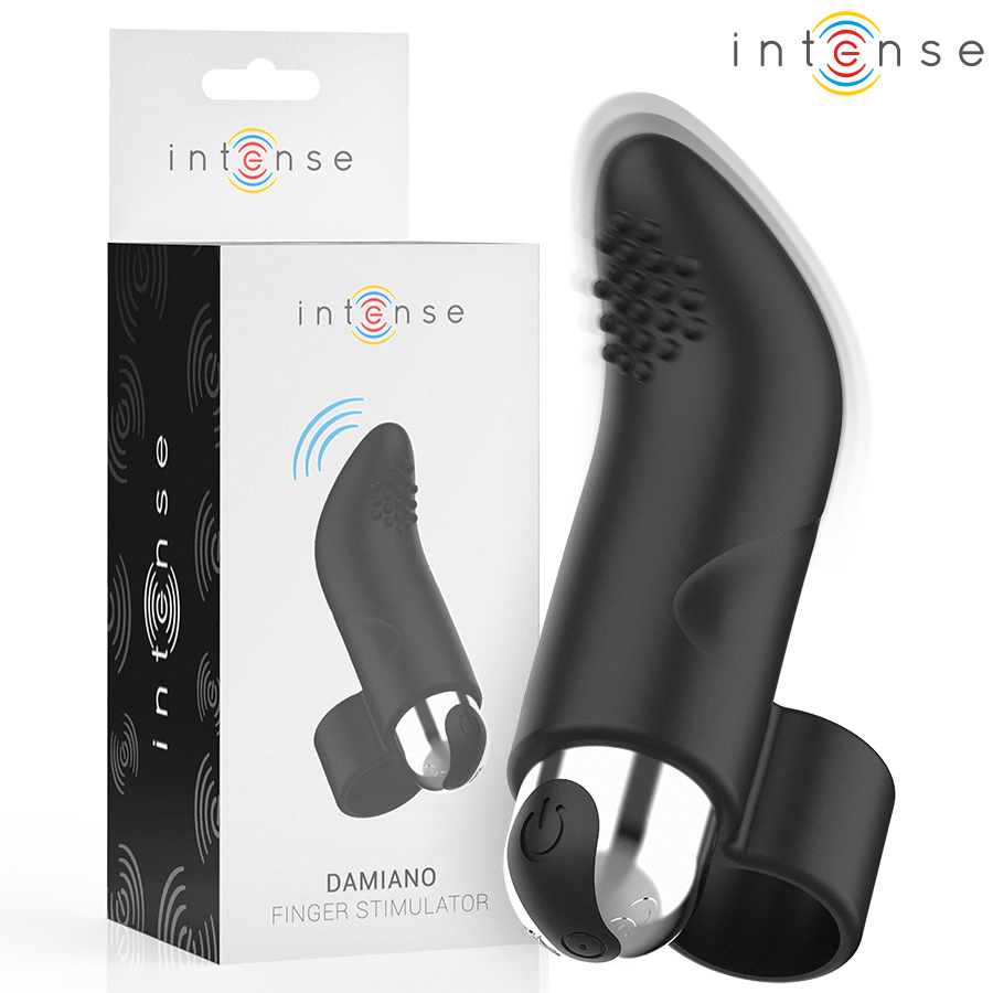Boite Intense Damiano du stimulateur de doigt en silicone noir, presentation produit avec vignette de l'accessoire a picots et anneau d'attache pour le doigt.