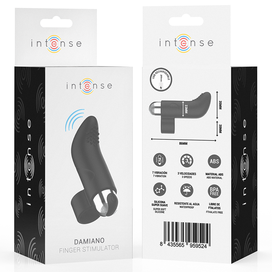 Emballage Intense Damiano recto-verso avec code-barres et pictogrammes, stimulateur de doigt en silicone noir a picots, presentation et instructions d'usage.