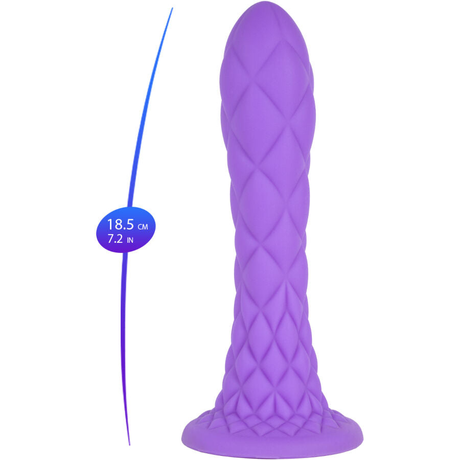 Schéma coté du gode fantaisie Dreamy violet Silexd indiquant 18,5 cm de longueur, sextoy texturé écailles en silicone thermoréactif à ventouse — dimensions non réaliste Fantasy