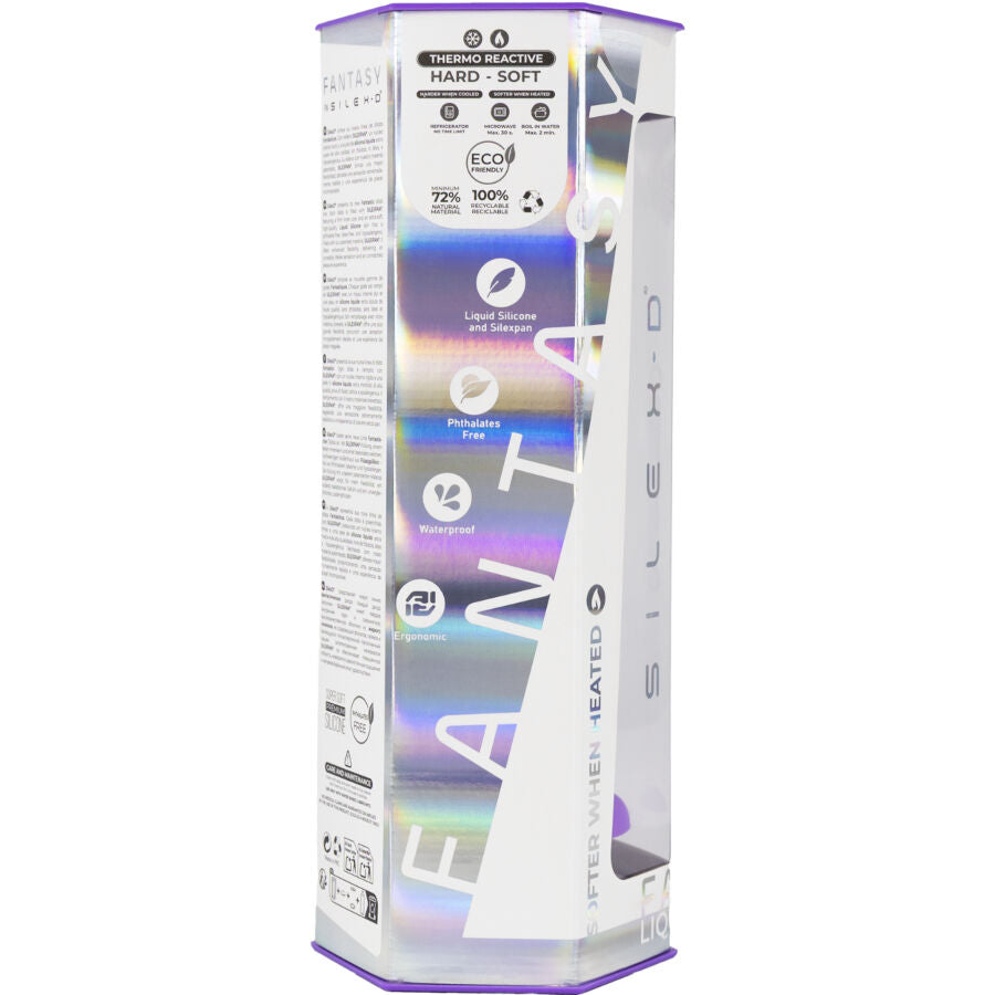 Boîte du gode fantaisie Silexd Fantasy Liquid Silicone, fiche technique hard-soft et pictogrammes éco sans visuel anatomique — face d'emballage mentions sextoy thermoréactif