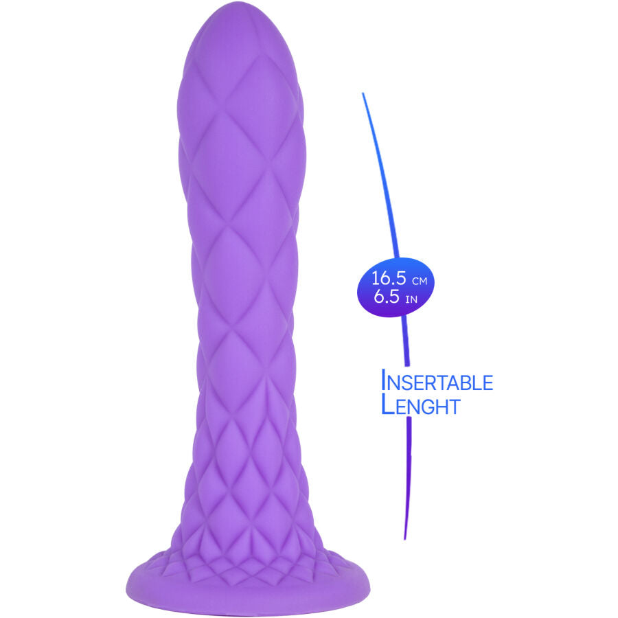 Schéma coté du gode fantaisie Dreamy violet Silexd indiquant 16,5 cm insérable, sextoy texturé écailles en silicone thermoréactif à ventouse — dimensions non réaliste Fantasy