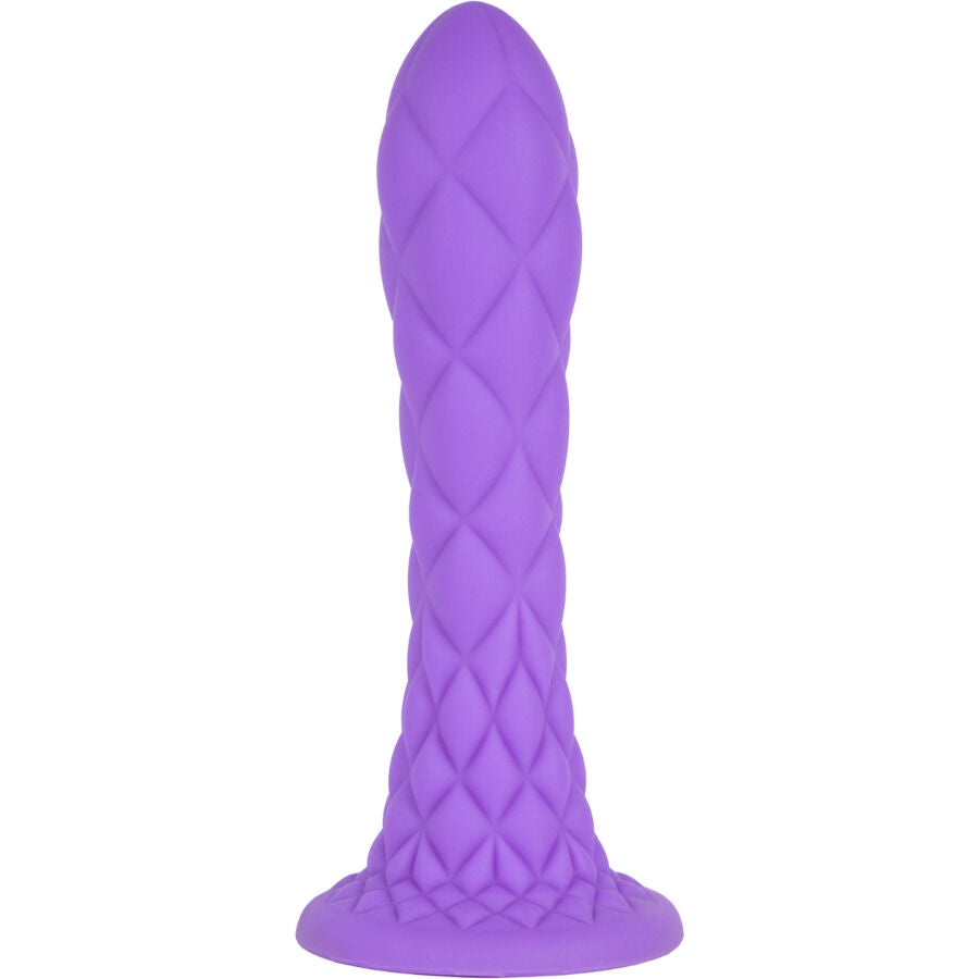 Gode fantaisie Silexd Dreamy violet en silicone, surface écailles losangées et bulbe arrondi sur ventouse, vue de face — sextoy thermoréactif ultra-soyeux non anatomique