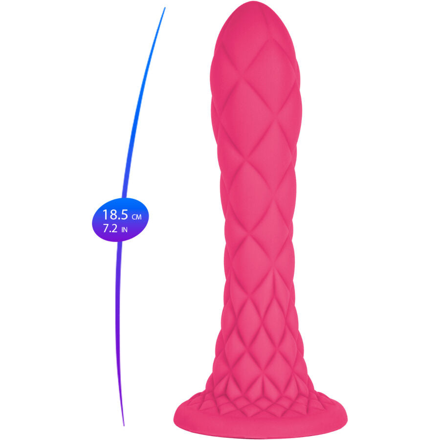 Schéma coté du gode fantaisie Dreamy rose Silexd indiquant 18,5 cm de longueur, sextoy texturé écailles en silicone thermoréactif à ventouse — dimensions non réaliste Fantasy