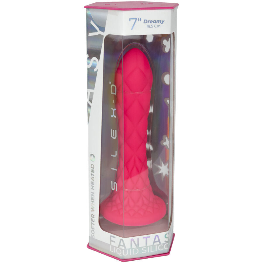 Boîte vitrine du gode fantaisie Silexd Dreamy rose 7" Fantasy, packaging laissant voir le sextoy rose texturé écailles en silicone thermoréactif — emballage non anatomique produit