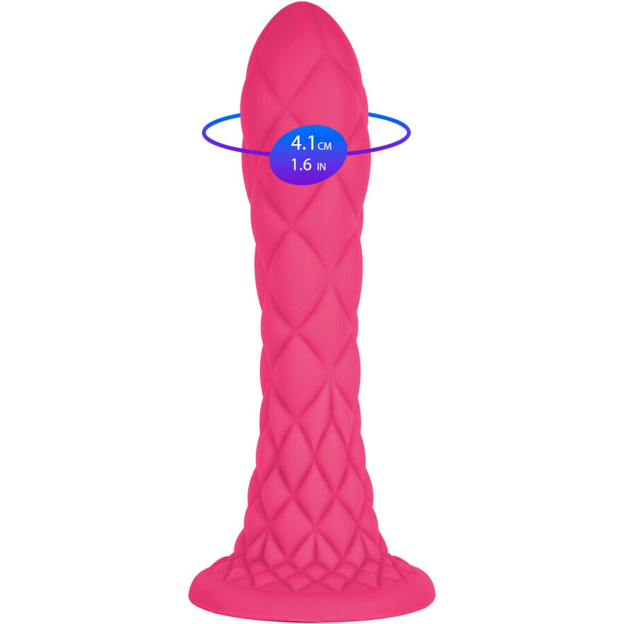 Gode fantaisie Dreamy rose Silexd avec schéma indiquant 4,1 cm de diamètre, surface écailles losangées en silicone thermoréactif sur ventouse — sextoy non réaliste Fantasy