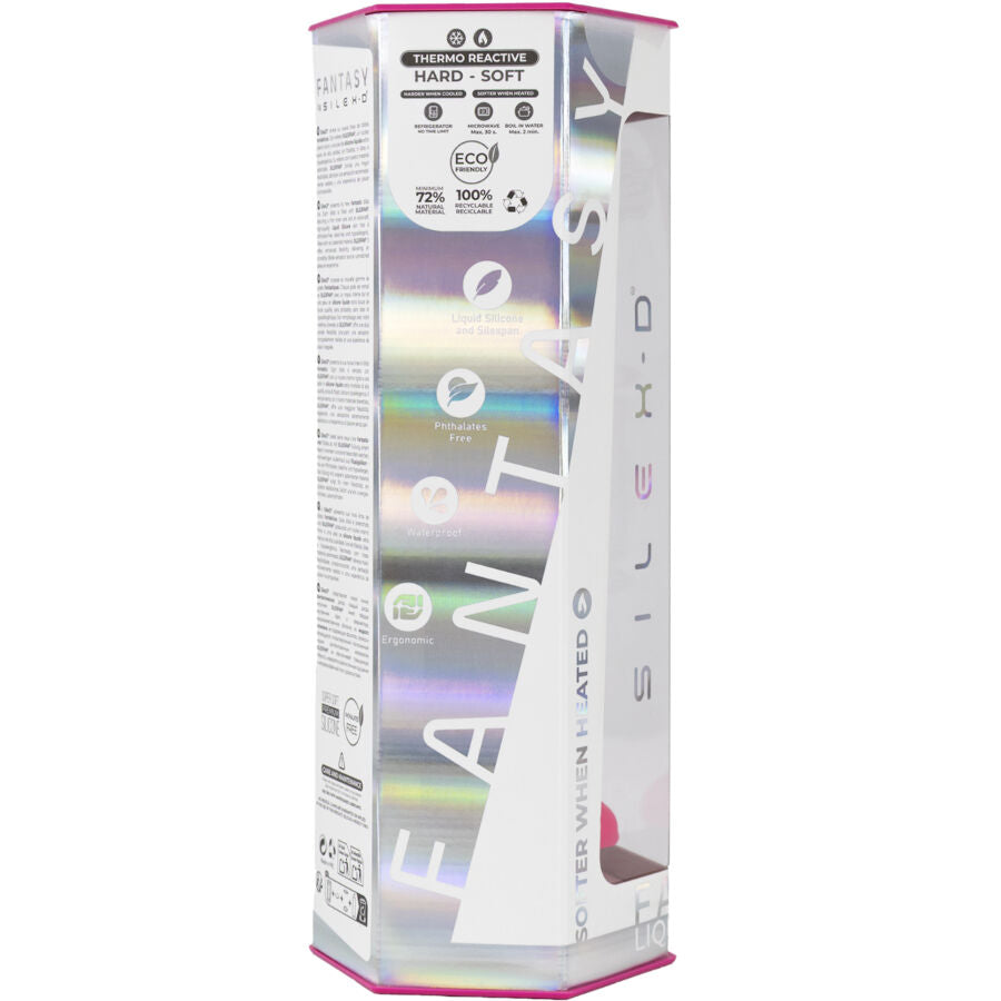Boîte hexagonale holographique Fantasy SILEXD du gode thermoréactif, packaging premium argenté mentionnant la matière hard-soft thermo réactive et le silicone éco