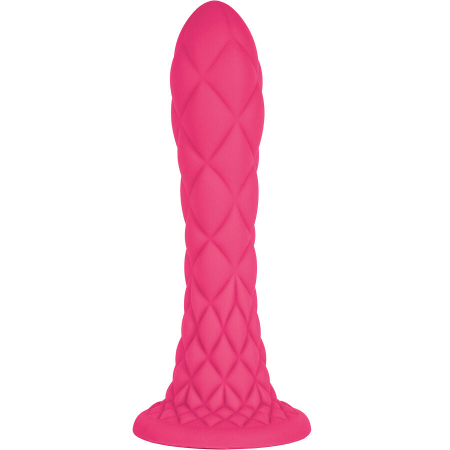 Gode fantaisie SILEXD silicone rose à motif quadrillé en relief, vue de face sur base évasée stable, toucher soyeux et coeur thermoréactif qui garde la température