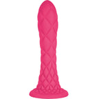 Gode fantaisie SILEXD silicone rose à motif quadrillé en relief, vue de face sur base évasée stable, toucher soyeux et coeur thermoréactif qui garde la température