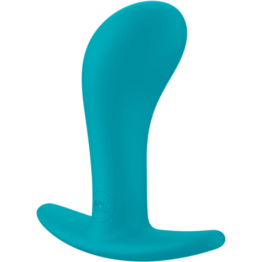 Plug anal Fun Factory turquoise, corps incline a tete bombee et base plate antiderapante, forme ergonomique visant la prostate ou le point G en silicone.