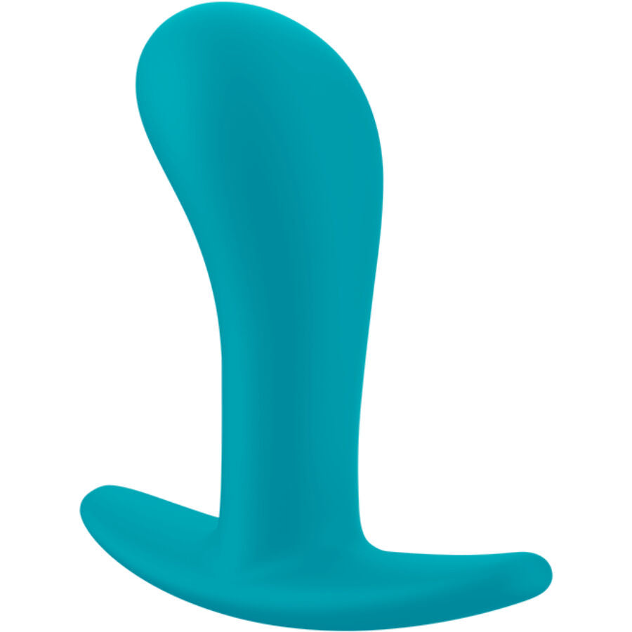 Plug anal turquoise debout, courbe douce visant la prostate ou le point G et base souple stable, taille M en silicone pour des sensations ciblees.