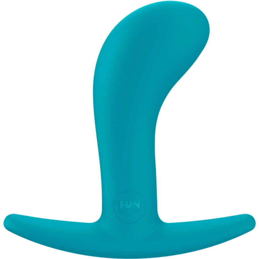 Plug anal turquoise vu de profil, col courbe et base evasee marquees FUN, taille M ni trop petite ni trop grande, silicone souple confortable.