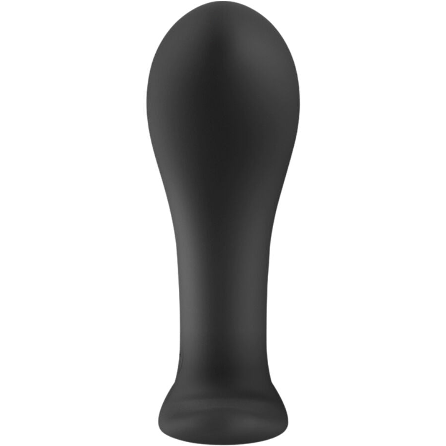 Plug anal noir taille L debout, tete bombee genereuse et tige effilee sur base plate, glisse soyeuse pour une plenitude intense en silicone.
