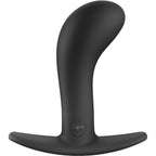 Plug anal noir taille L vu de profil, col courbe marque FUN et base evasee stable, forme incurvee pour la prostate ou le point G en silicone.