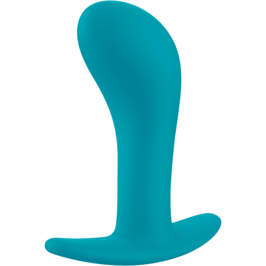 Plug anal Fun Factory turquoise taille L, corps incline a tete bombee et base plate souple, forme incurvee visant la prostate ou le point G en silicone.