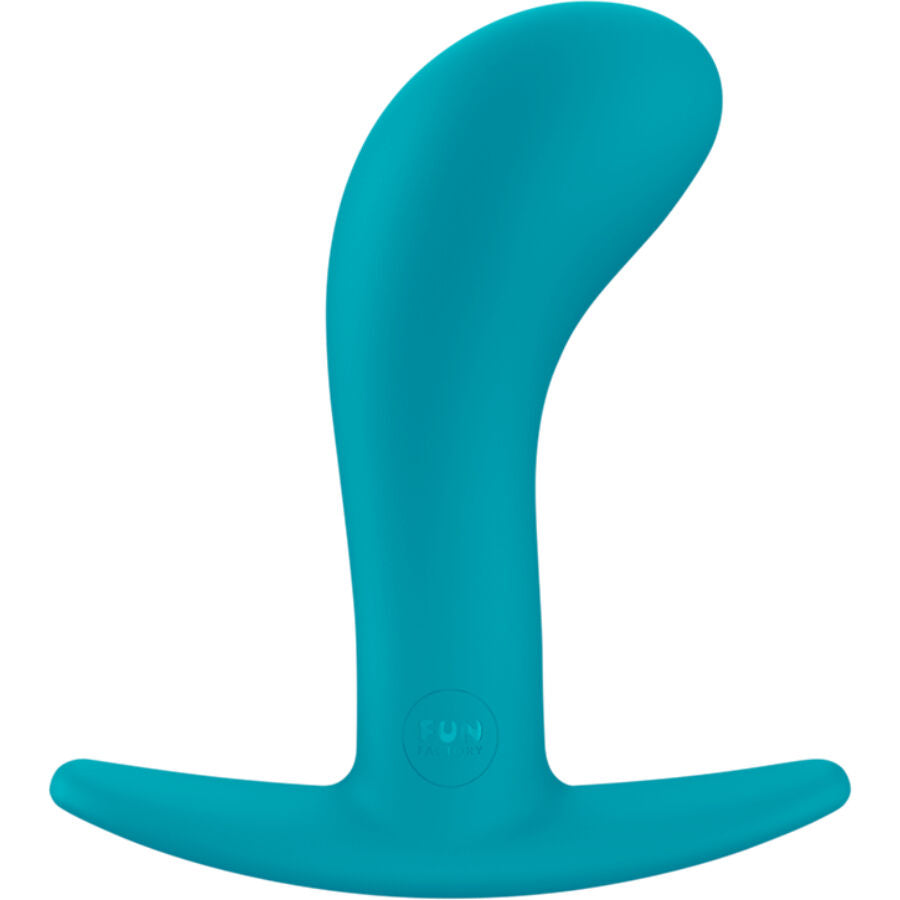 Plug anal turquoise taille L vu de profil, col courbe marque FUN et large base evasee, glisse soyeuse pour une plenitude genereuse en silicone.