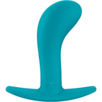 Plug anal turquoise taille L vu de profil, col courbe marque FUN et large base evasee, glisse soyeuse pour une plenitude genereuse en silicone.