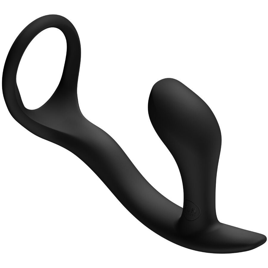 Cockring avec plug Bootie Ring en silicone noir vu de cote, anneau souple et plug anal courbe a surface lisse non realiste, qui epouse le penis et stimule la prostate.