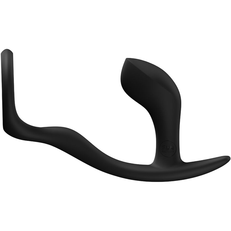 Cockring plug Bootie Ring en silicone noir vu de profil, anneau penien souple suivi d un plug anal incurve a embout arrondi lisse, ensemble une piece pour jeux de couple.