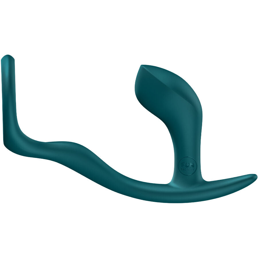 Cockring plug Bootie Ring en silicone vert vu de profil, anneau penien souple suivi d un plug anal incurve a embout arrondi lisse, ensemble une piece compatible jeux de couple.