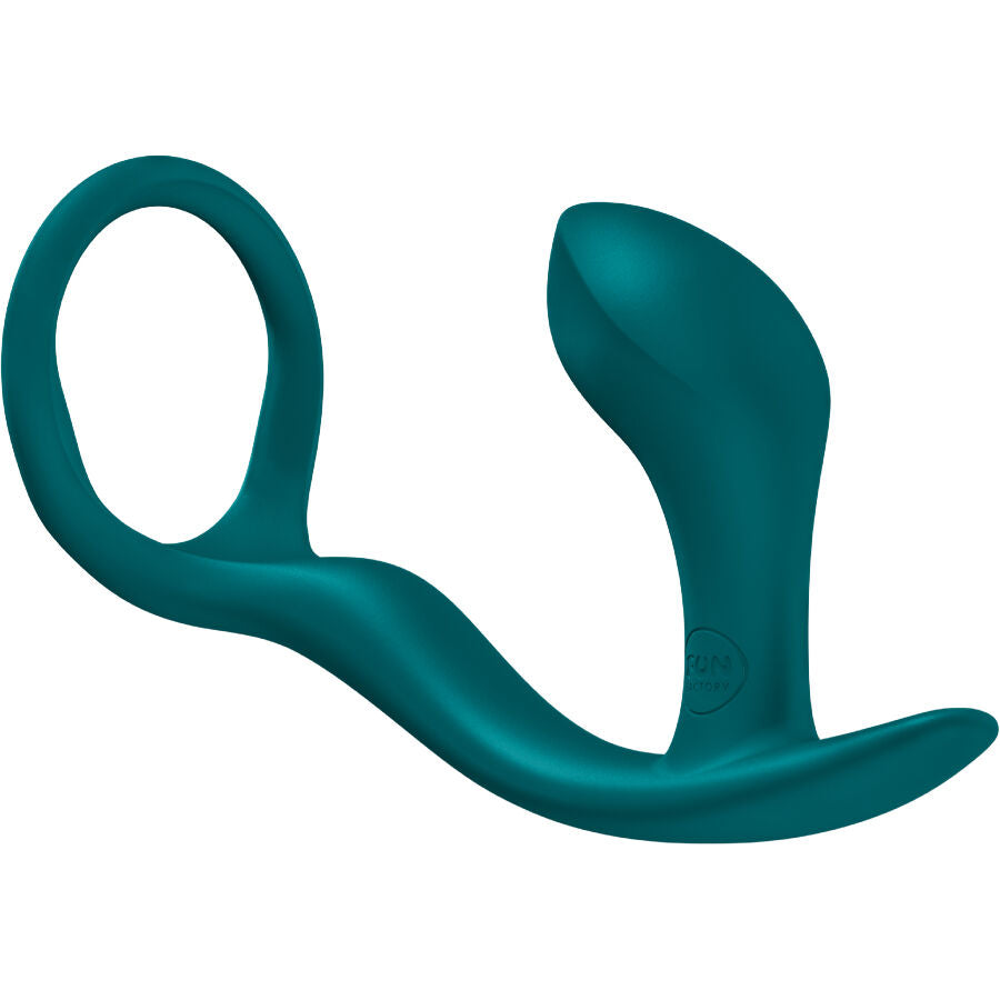 Cockring avec plug anal Bootie Ring en silicone vert vu de trois quarts, anneau souple prolonge d un plug courbe lisse non realiste pour stimuler la prostate a chaque poussee.