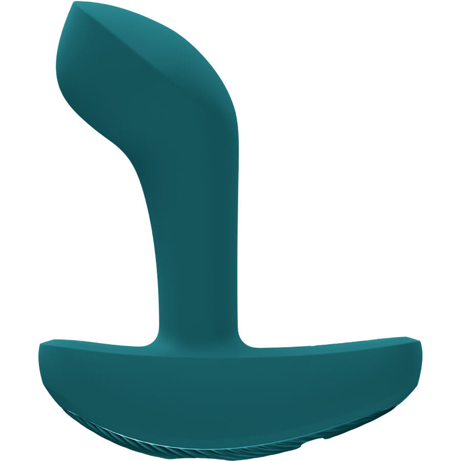 Plug vibrant anal Bootie Vibe vert sapin de profil, courbe ergonomique visant la prostate ou le perinee et base plate, etanche IPX7 en silicone.