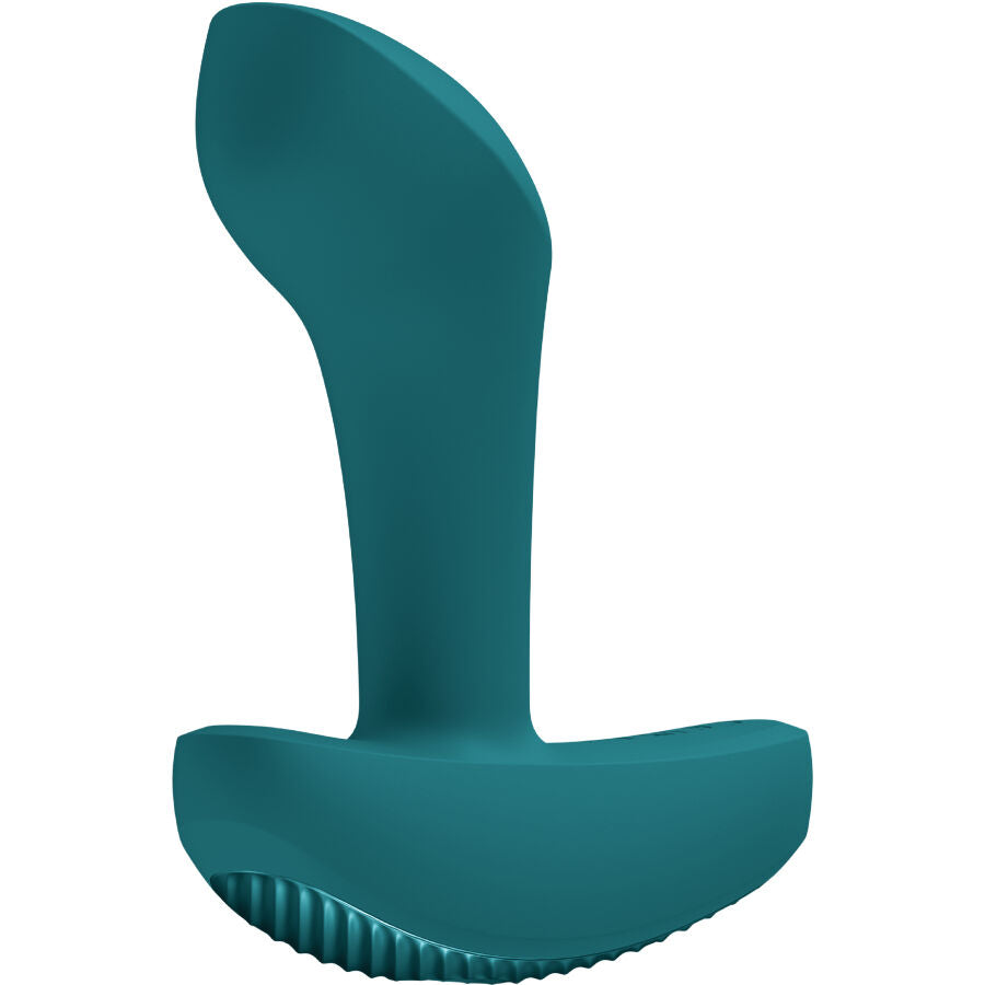 Plug vibrant anal Fun Factory Bootie Vibe vert sapin, corps courbe a tete bombee et base plate nervuree, format compact etanche IPX7 en silicone.