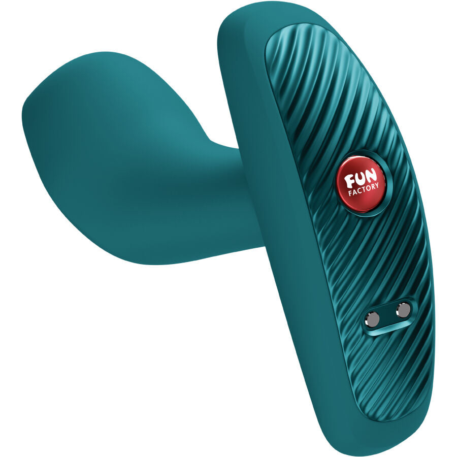 Plug vibrant anal Bootie Vibe vert sapin avec sa telecommande a bouton FUN, plug courbe et base plate, 12 modes de vibration rechargeables en silicone.