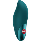 Mini vibromasseur Charme en silicone vert canard vu de profil, forme aux courbes sensuelles et bouton FUN rouge, rechargeable USB-C avec douze niveaux de vibration clitoridienne.