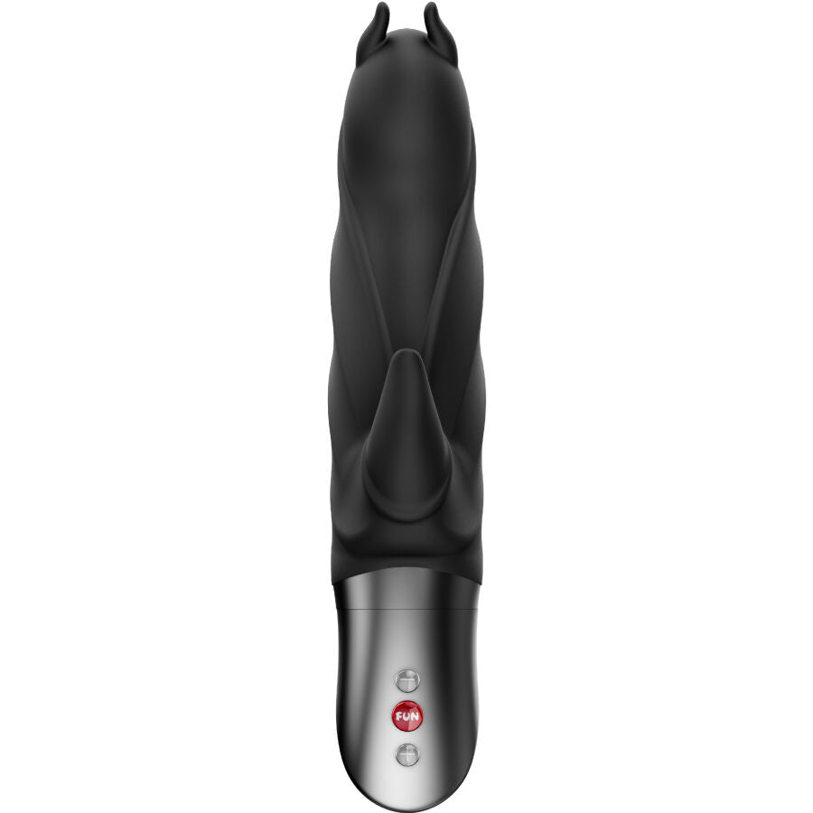 Vibromasseur lapin Darling Devil noir vu de face, ses petites cornes clitoridiennes et sa tige texturée en silicone, base chromée avec commande FUN rouge.