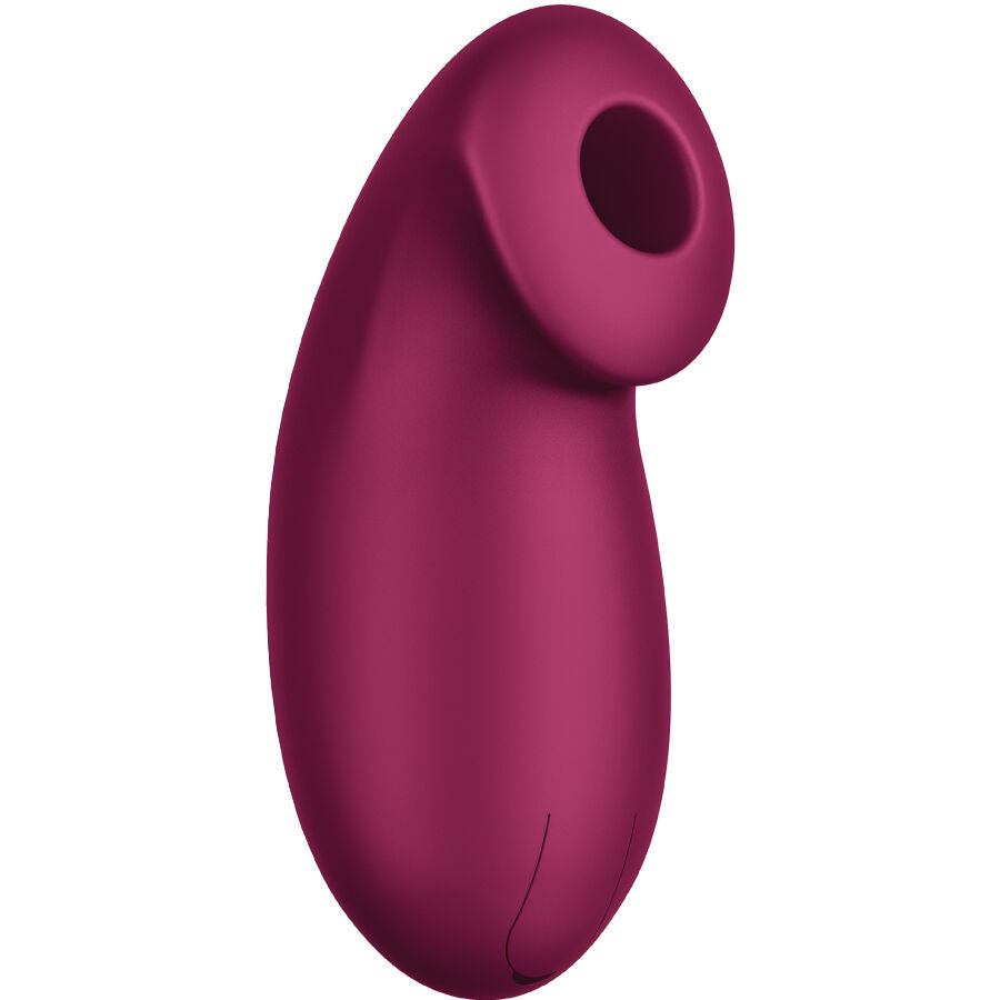 Stimulateur clitoridien a impulsions d'air framboise vu de face, ouverture ronde d'aspiration bien visible, silicone doux pour un plaisir sans contact direct.